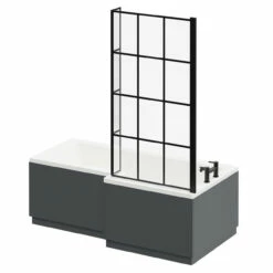 Loire 1700mm Right Hand L Shaped Shower Bath With Matt Black Bath Screen With Gloss Grey Front And End Bath Panel -Wholesaledomestic Shop loire 1700mm right hand l shaped shower bath with matt black bath screen with gloss grey front and end bath panel right 93558.1691438793