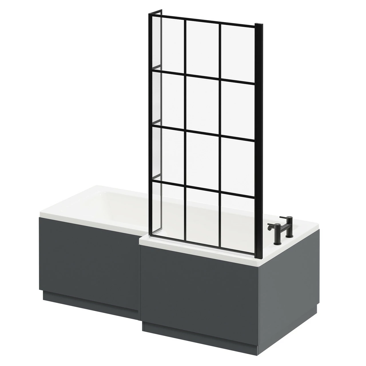 Loire 1700mm Right Hand L Shaped Shower Bath With Matt Black Bath Screen With Gloss Grey Front And End Bath Panel - Image 2