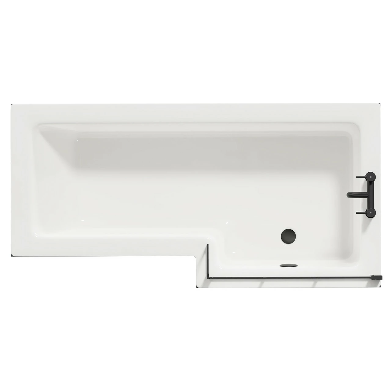 Loire 1700mm Right Hand L Shaped Shower Bath With Matt Black Bath Screen With Gloss Grey Front And End Bath Panel