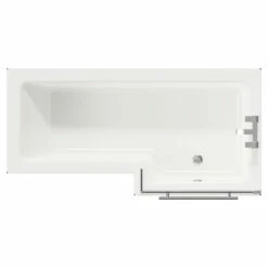 Loire 1700mm Right Hand L Shaped Shower Bath With Polished Chrome Towel Rail Bath Screen And Deep Blue Front And End Bath Panels