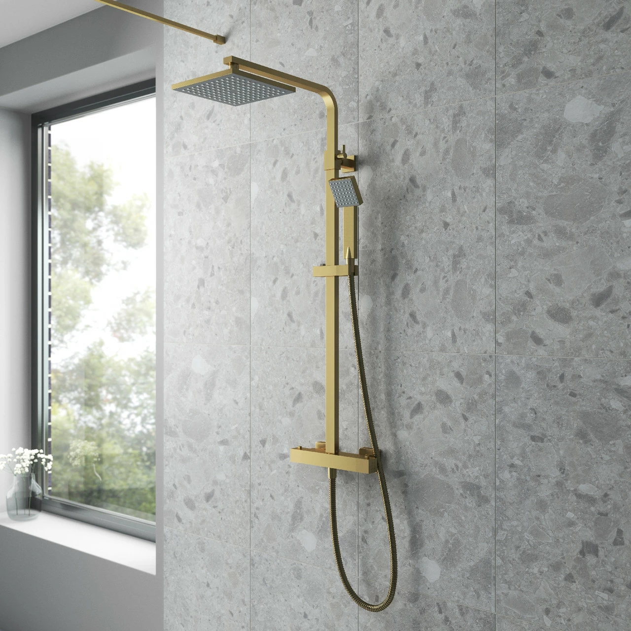 Nuie Brushed Brass Thermostatic Shower Bar Valve And Rigid Riser Shower Kit With Square Head- JTY886 4 Nuie Brushed Brass Thermostatic Shower Bar Valve And Rigid Riser Shower Kit With Square Head- JTY886 - Image 2