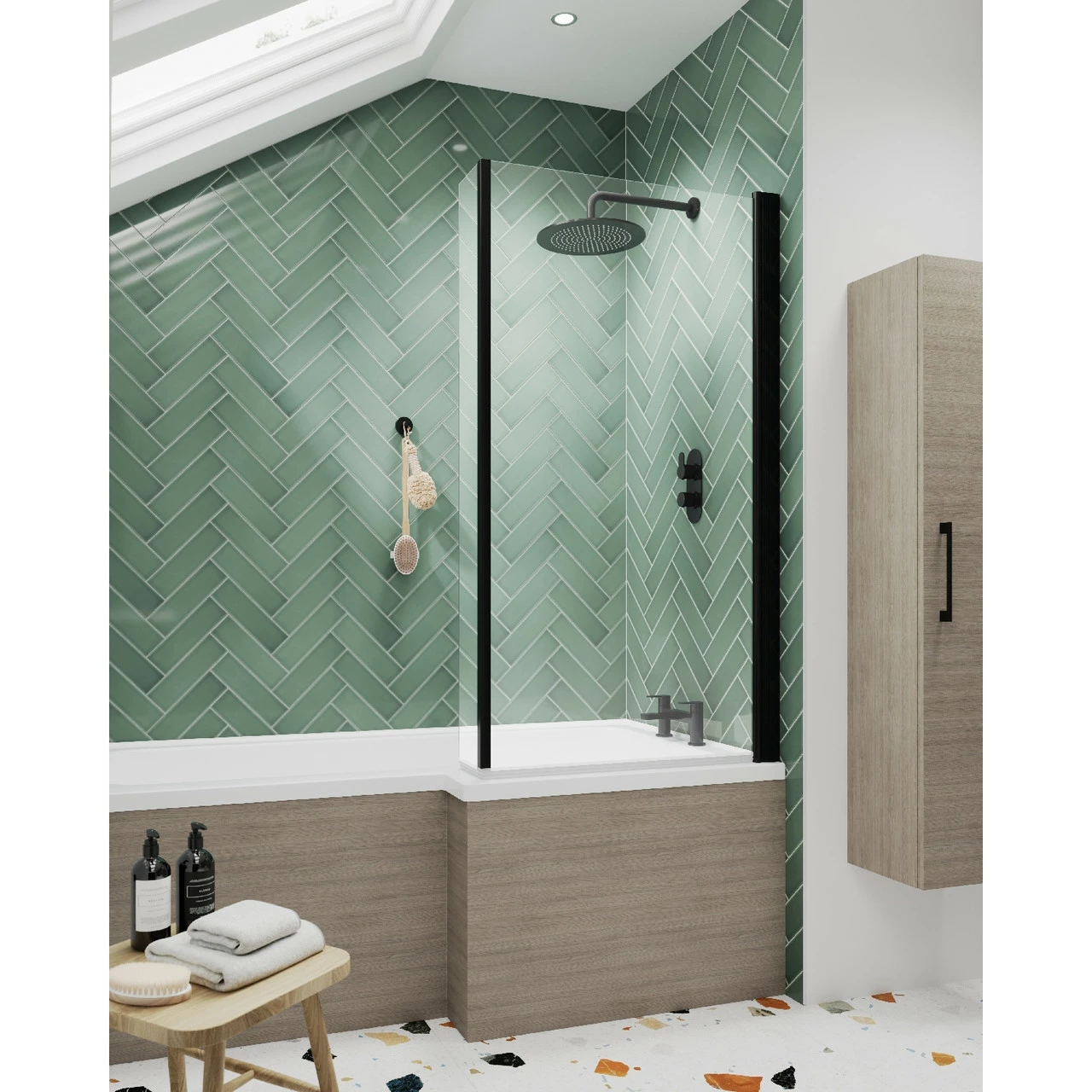 Nuie Pacific Matt Black L Shaped Bath Screen With Fixed Return - NSBS7BP - Image 3