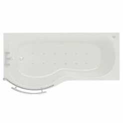 Plage 1700mm 12 Jet Chrome Easifit Left Hand P Shaped Spa Shower Bath With Towel Rail Bath Screen And Front Bath Panel