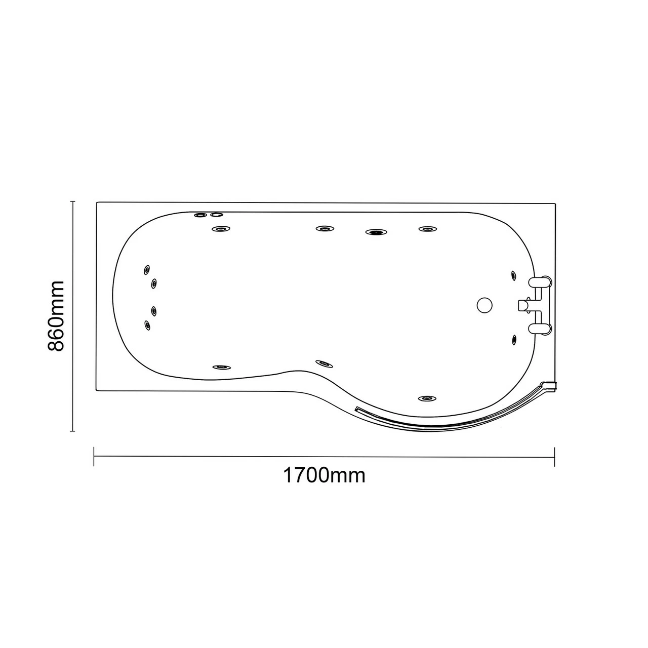 Plage 1700mm 12 Jet Chrome Flat Jet Right Hand P Shaped Whirlpool Shower Bath With Bath Screen And Front Bath Panel 8 Plage 1700mm 12 Jet Chrome Flat Jet Right Hand P Shaped Whirlpool Shower Bath With Bath Screen And Front Bath Panel - Image 6