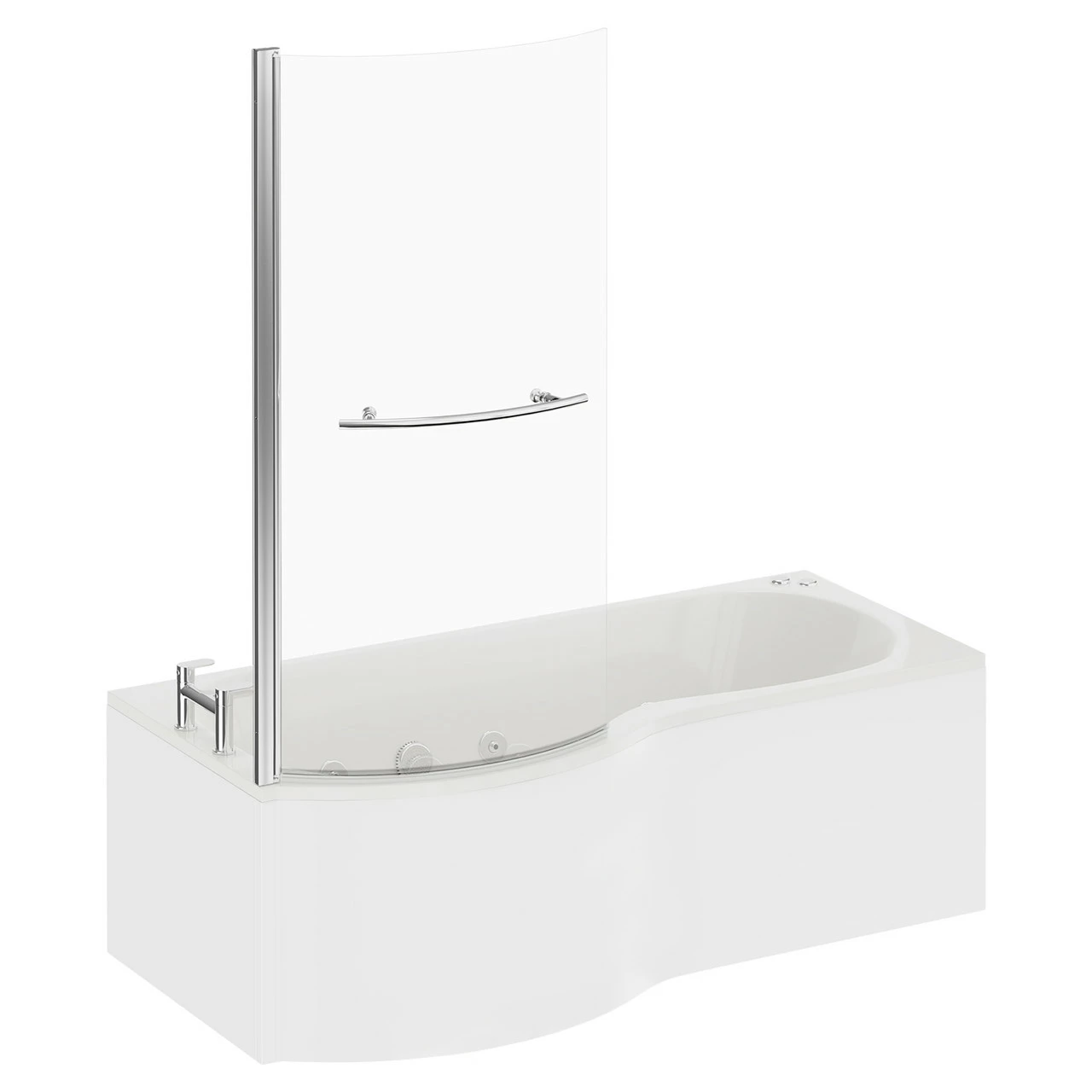 Plage 1700mm 12 Jet Chrome V-Tec Left Hand P Shaped Whirlpool Shower Bath With Towel Rail Bath Screen And Front Bath Panel - Image 3