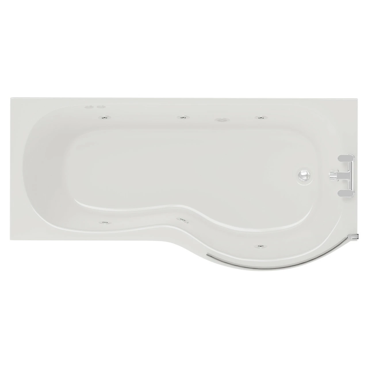Plage 1700mm 6 Jet Chrome Flat Jet Right Hand P Shaped Whirlpool Shower Bath With Bath Screen And Front Bath Panel