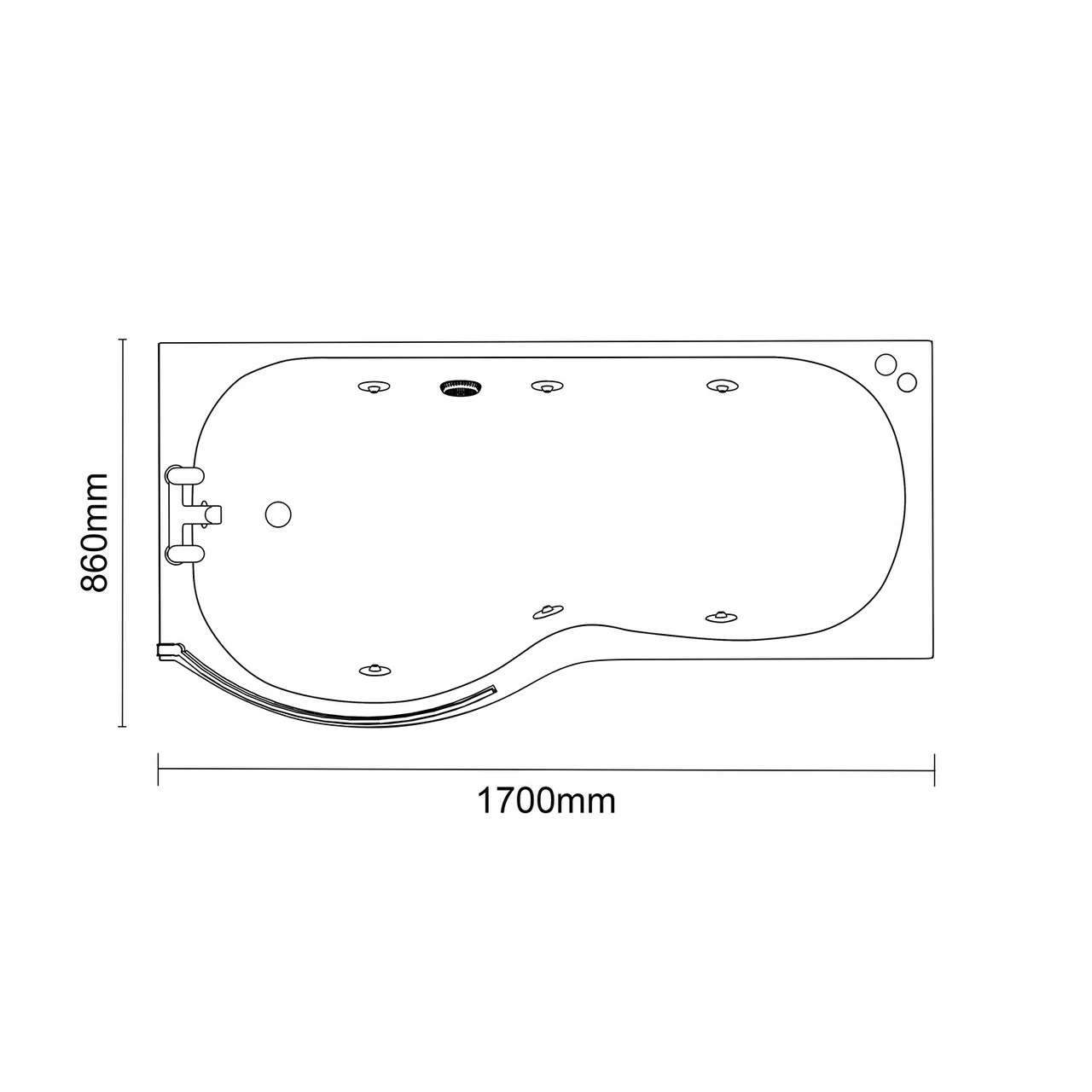 Plage 1700mm 6 Jet Chrome V-Tec Left Hand P Shaped Whirlpool Shower Bath With Bath Screen And Front Bath Panel 8 Plage 1700mm 6 Jet Chrome V-Tec Left Hand P Shaped Whirlpool Shower Bath With Bath Screen And Front Bath Panel - Image 6