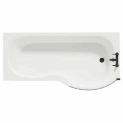 Plage 1700mm Right Hand P Shaped Shower Bath With Matt Black Bath Screen And White Acrylic Front Bath Panel